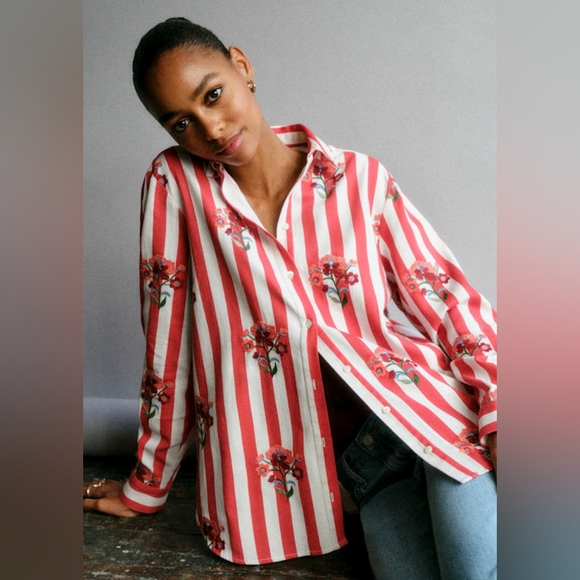 Sezane Tops - Sezane MAXY ROSE 🌹 Embroidered Flowers on Red And White Stripes Size 34